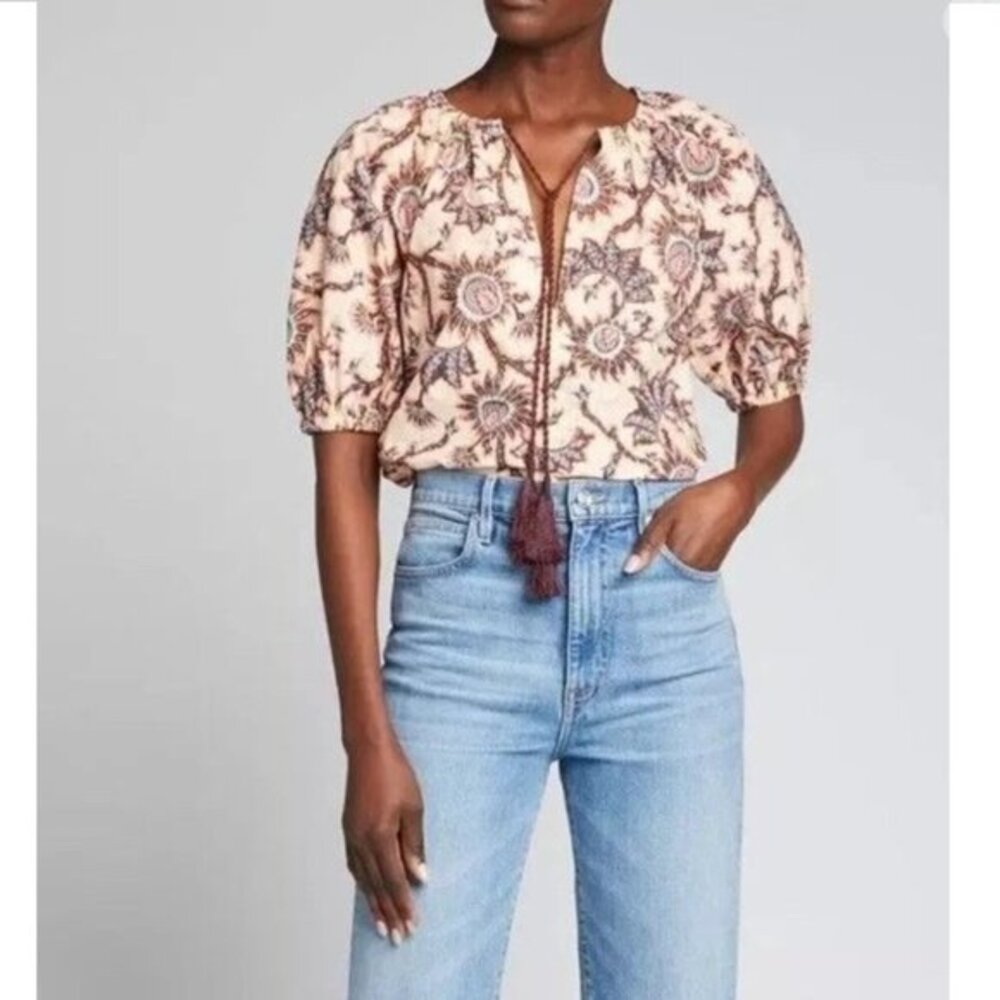 A.L.C. Elly Tie-Front Printed Top Size 2 Cotton Short Puff Sleeve Tassels Boho‎